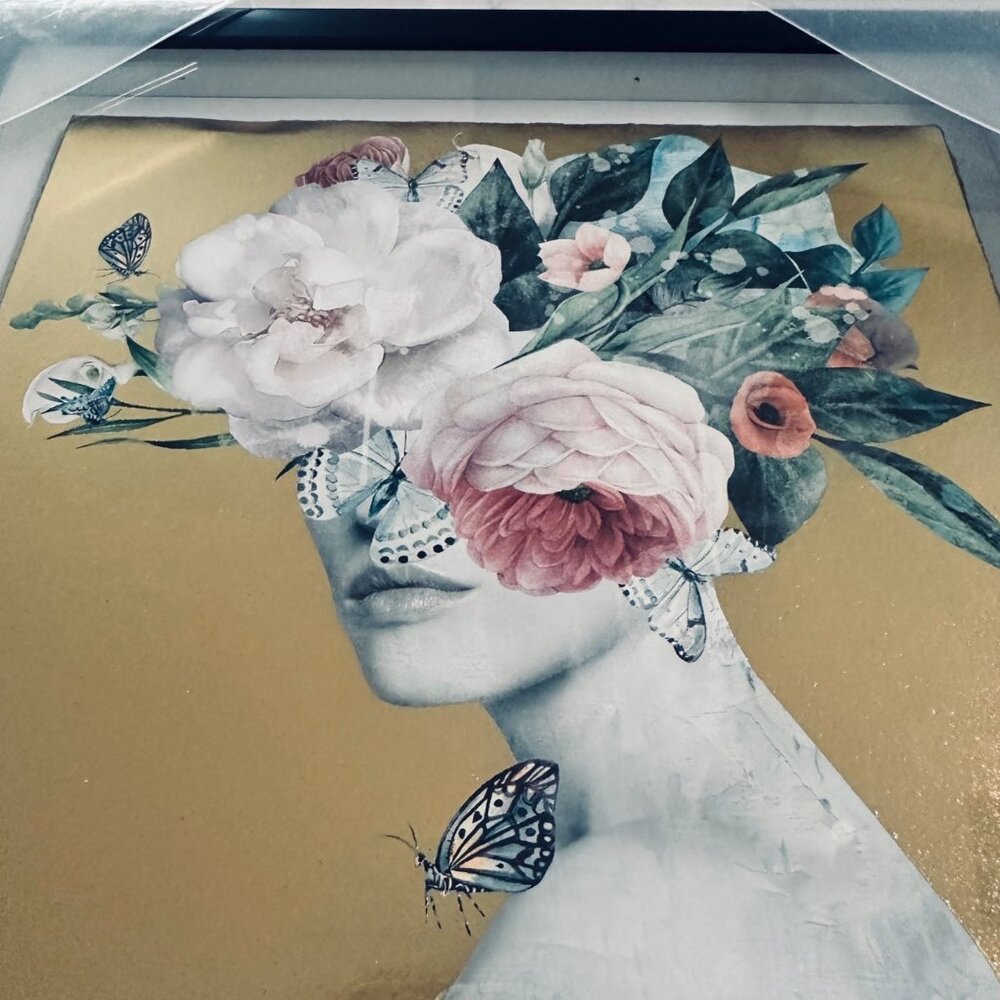 Marmont Hill "Floral Crown" Butterflies & Peonies  Gold Foil Art Print 11.5x11.5